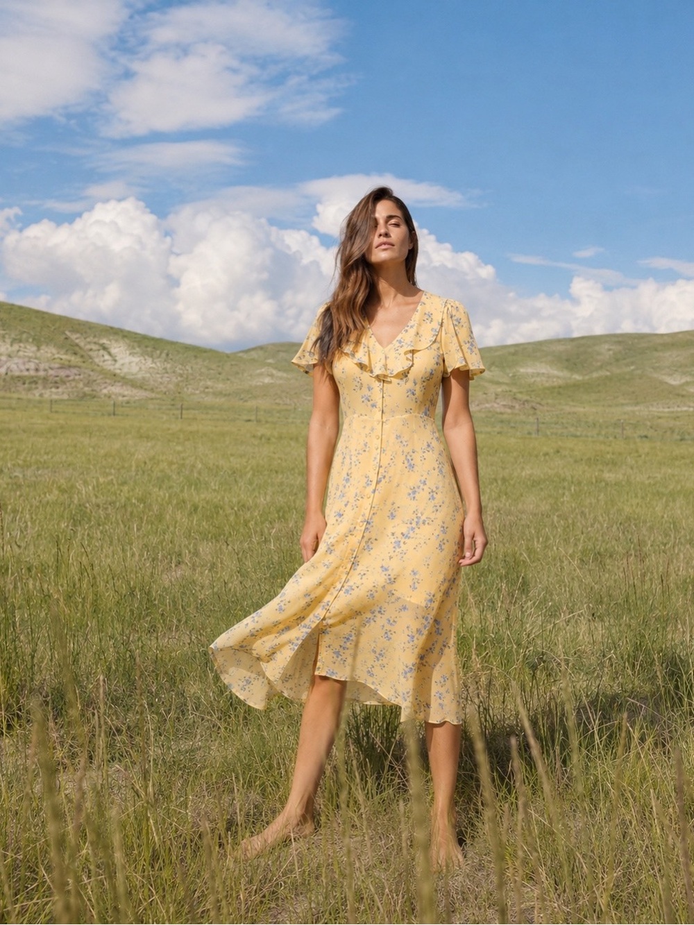 Christy‎ Dawn The Daisy Dress in Lemon Orchard Size Small Yellow Floral Midi